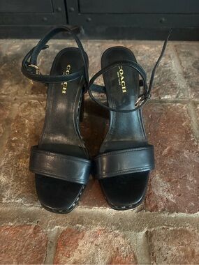 COACH Black Leather Open-Toe Ankle-Strap Heels